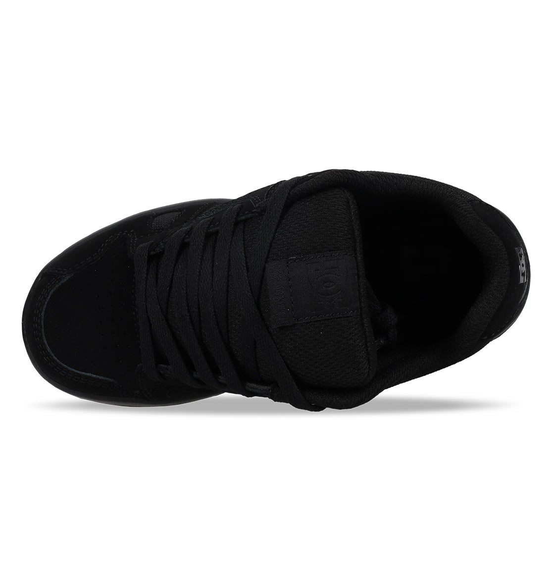 Top view of the DC Shoes Kids’ Stag in black, featuring black laces, tongue, and sole with an oversized puff design. Set against a white background, these shoes feature a durable cupsole for lasting comfort and support.