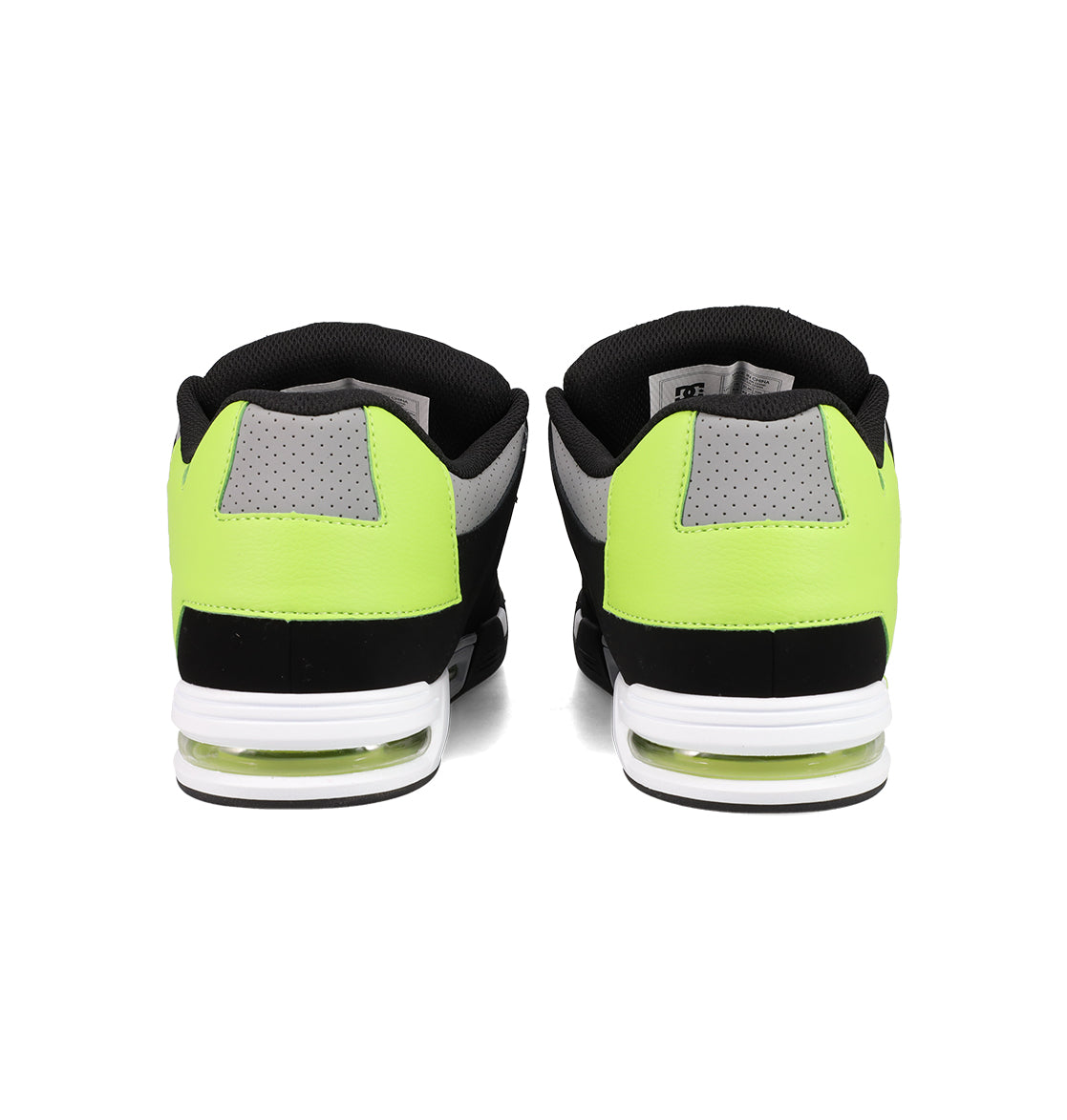 The Men's DC Command Shoes by DC Shoes are athletic sneakers featuring neon yellow, black, and gray panels with white midsoles and visible heel air cushioning, offering a street-ready look inspired by skate heritage.