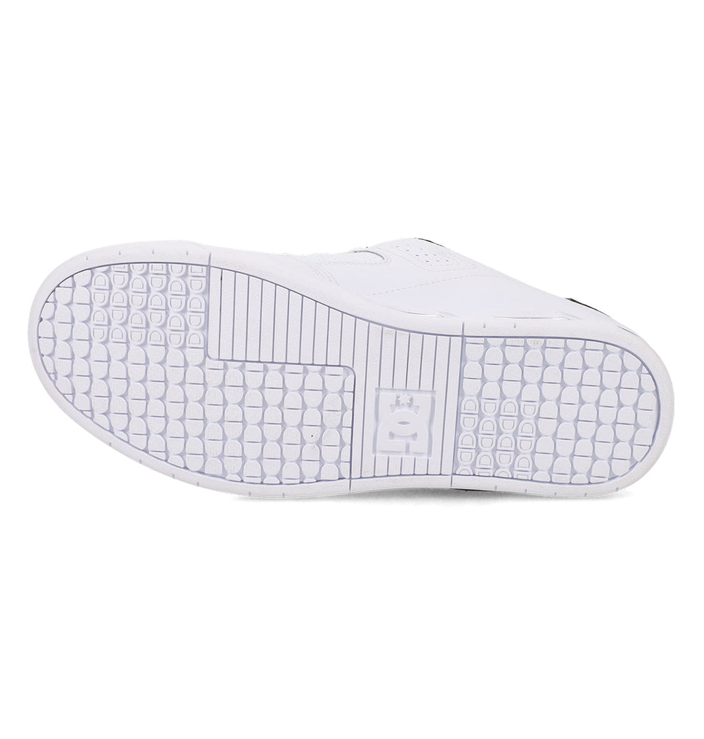The image displays the white sole of the Men’s Command Shoes by DC Shoes, featuring a geometric tread pattern and an embossed DC Shoes logo with a crown near the center. With classic DC bulk, this design draws on elements from signature models like the Command while delivering comfort suited for everyday wear.