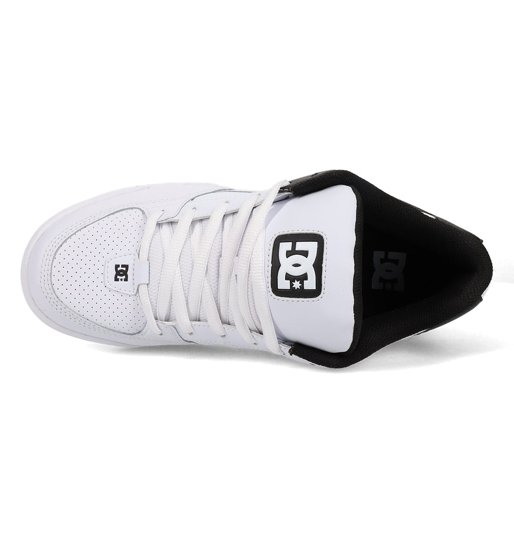 Top view of the Men’s Command Shoes by DC Shoes, featuring a classic white silhouette with signature DC bulk, black interior lining, tied laces, and visible DC Shoes logos on both the tongue and toe. Designed in true Command style, these sneakers offer perforations near the toe for breathability and deliver long-lasting comfort.