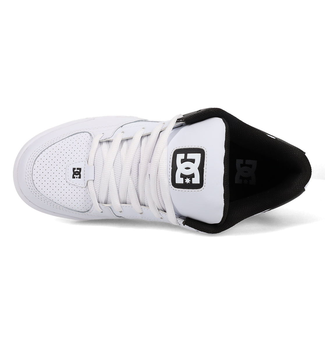 Top view of the Men’s Command Shoes by DC Shoes, featuring a classic white silhouette with signature DC bulk, black interior lining, tied laces, and visible DC Shoes logos on both the tongue and toe. Designed in true Command style, these sneakers offer perforations near the toe for breathability and deliver long-lasting comfort.