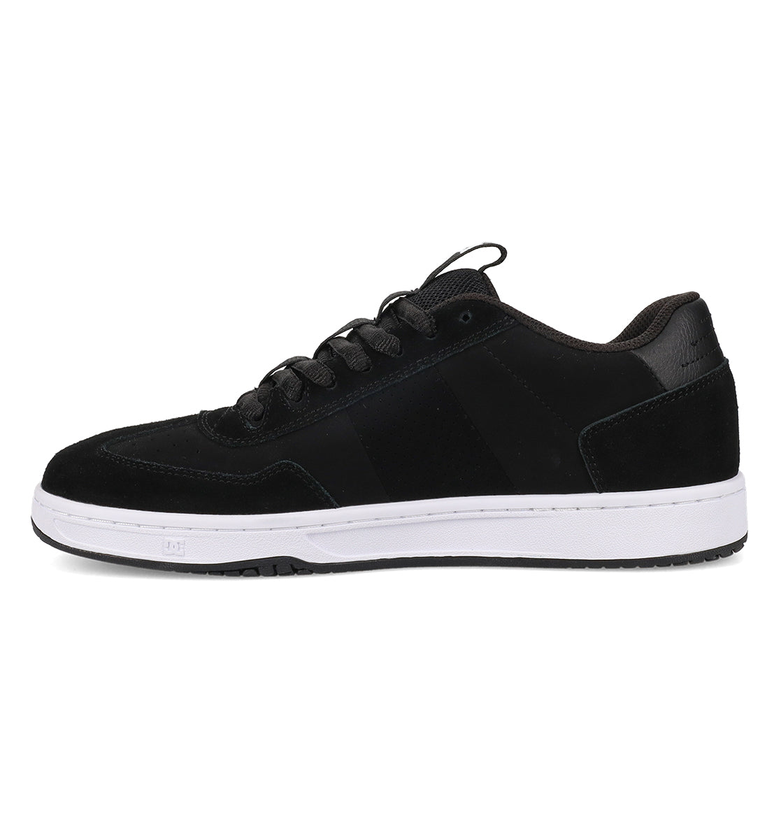 A side view of the Men’s Astrix Shoes by DC Shoes—a black low-top skate shoe featuring black laces and a white rubber sole—designed for superior board control, set against a white background.