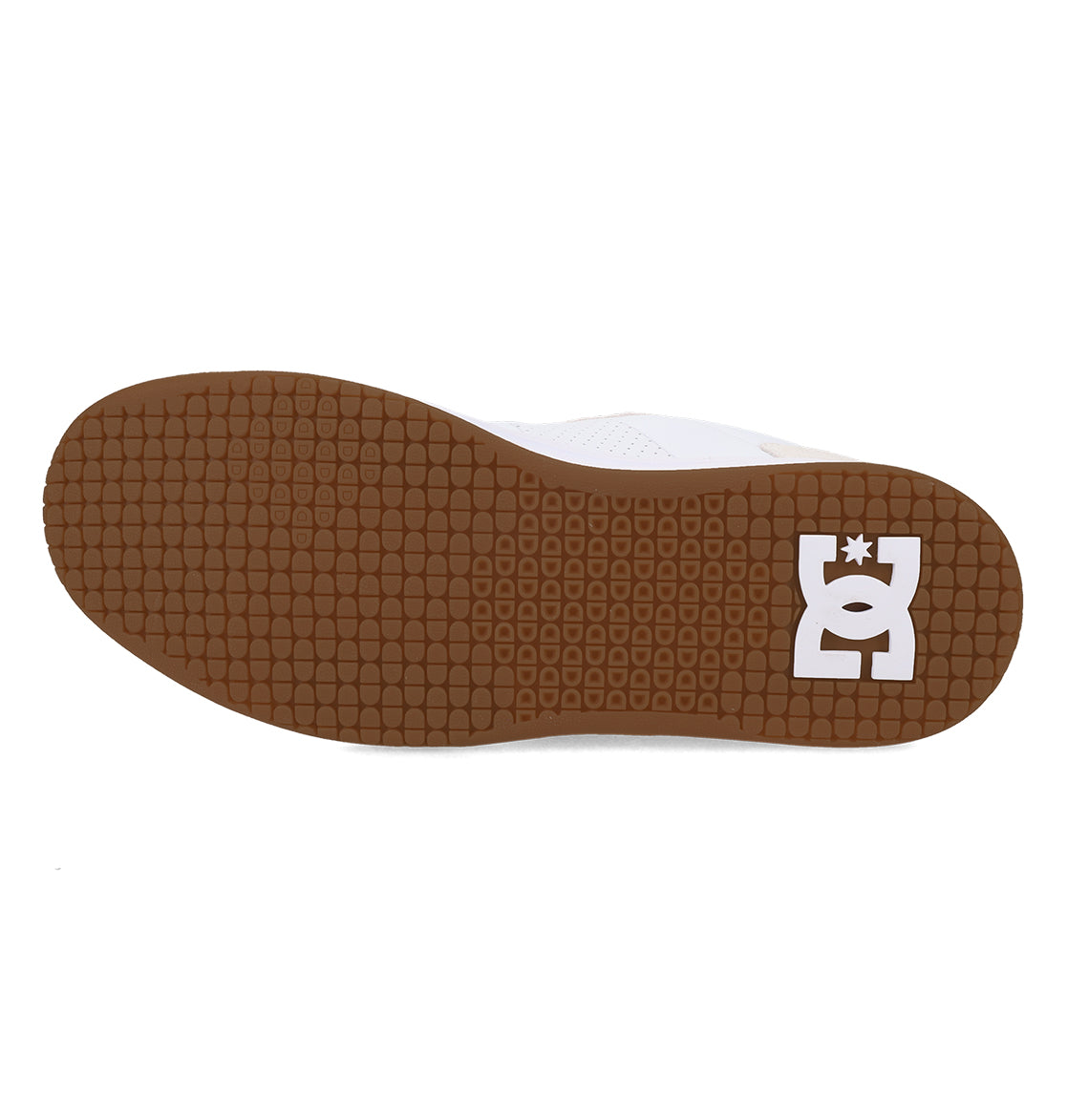 The Men’s Astrix Shoes from DC Shoes feature a brown rubber skate sole with a grid-like tread pattern that enhances board control for street skateboarding. A white geometric star logo appears at the heel on the right side, set against a plain white background.