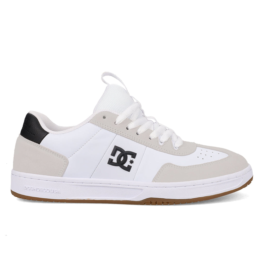The DC Shoes Men’s Astrix Shoes are white and gray skate shoes designed for street skateboarding, featuring a black DC logo on the side, a gum sole for enhanced board control, and white laces, shown in a side profile view.