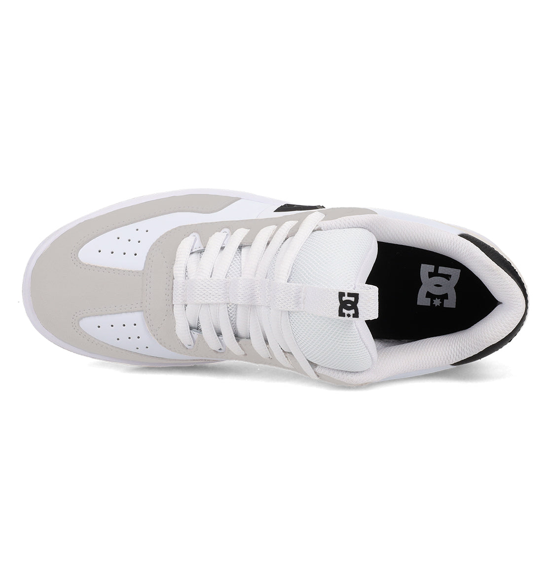 Top view of the Men’s Astrix Shoes by DC Shoes in white and gray, featuring white laces, a mesh tongue, and the DC logo on both the tongue and inside heel area. Designed for street skateboarding, these shoes offer perforations on the toe box for ventilation and improved board control.