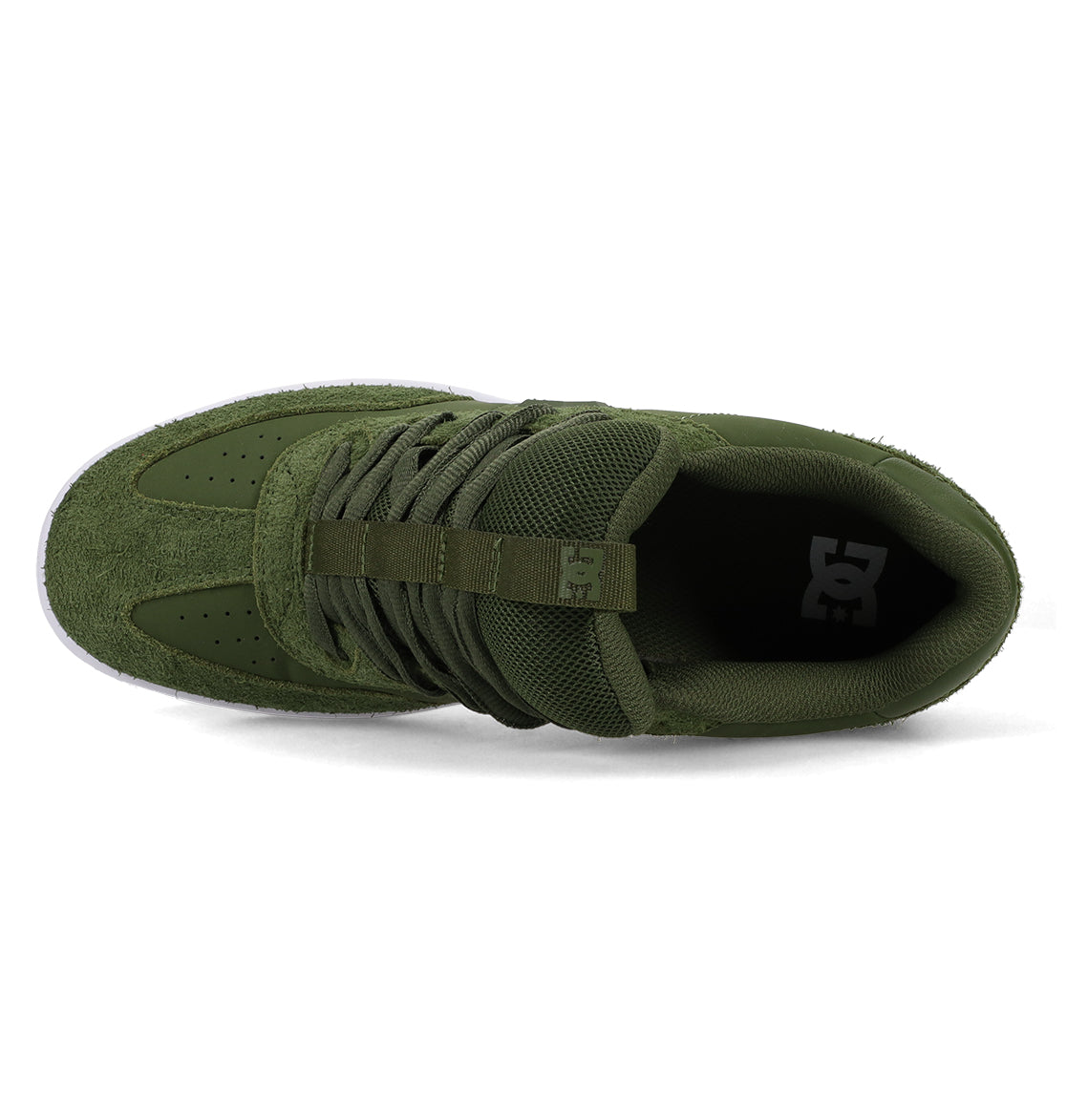 Top view of the Men’s Astrix Shoe by DC Shoes in green, featuring laces, a perforated toe area, and a white DC logo on the insole. Designed for street skateboarding, this shoe offers optimal board control with its white sole—partly visible along the bottom edge.