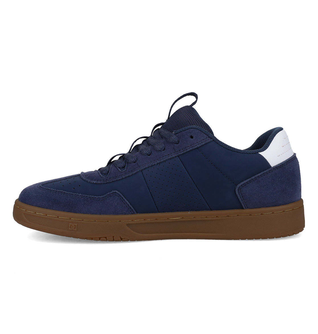 The Men’s Astrix Shoes by DC Shoes feature a navy blue design with suede and mesh panels, white detailing on the heel, black laces, and a brown rubber sole engineered for superior board control. The shoe is displayed in a left side profile against a white background.