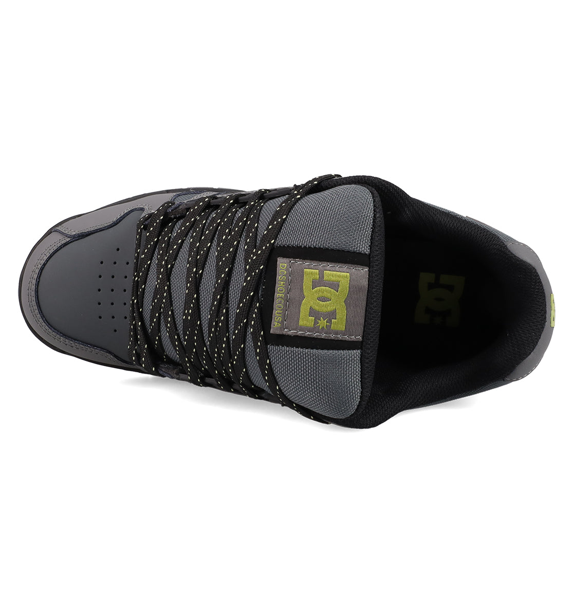 Top view of a gray and black Men's Stag Shoe by DC Shoes featuring black and yellow speckled laces, a padded black collar, yellow logo on the tongue, and a durable cupsole for lasting skate-inspired wear.