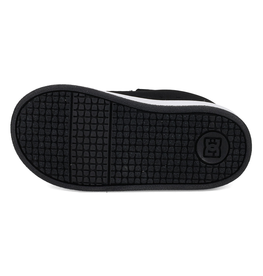 The image displays the black rubber sole of the Kids’ Court Graffik Shoes - Toddler by DC Shoes, highlighting a textured square grid pattern and a circular logo near the heel—a signature element of these puffy silhouette sneakers for kids.