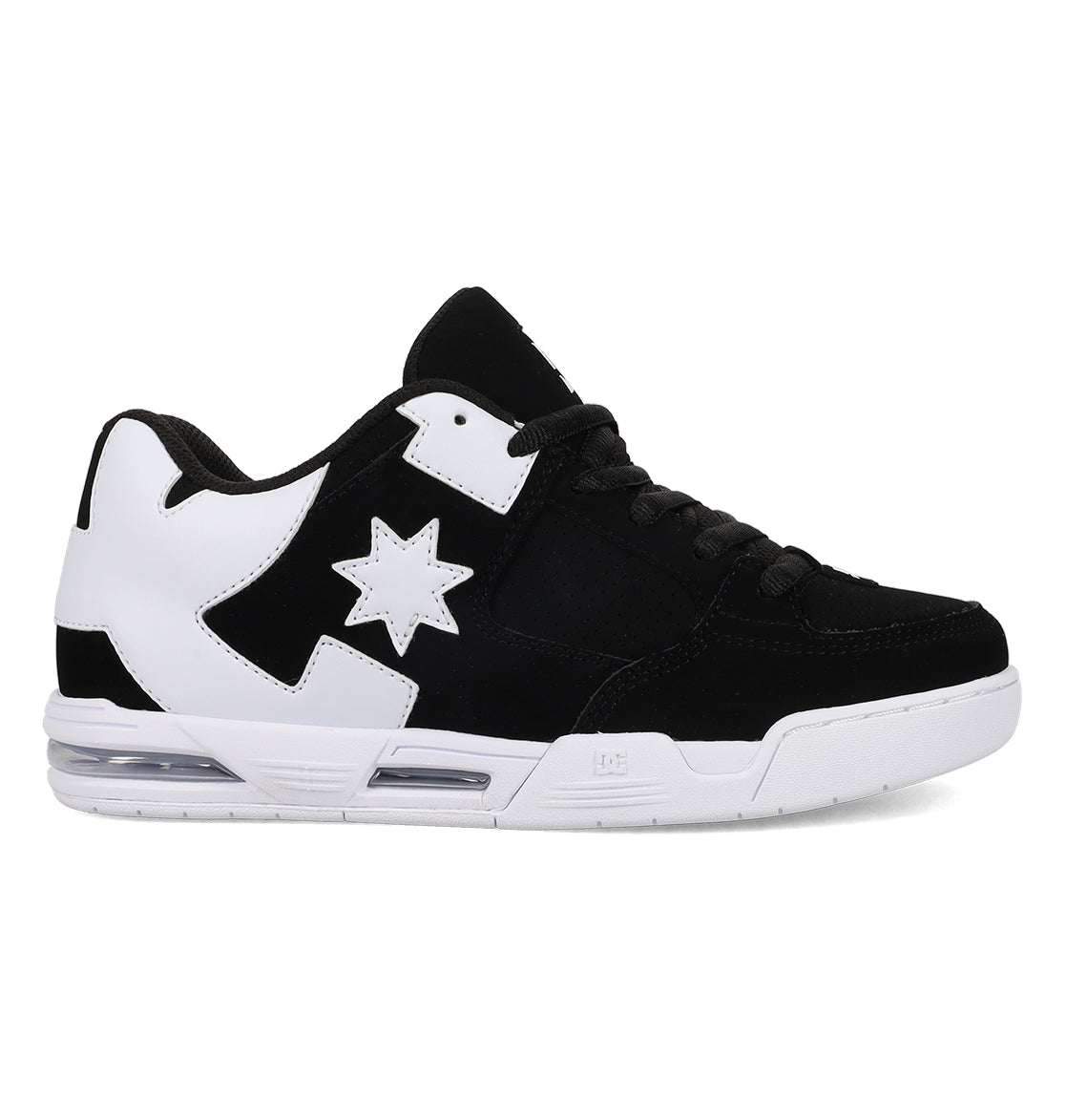 The Women’s Command Shoes from DC Shoes feature a black and white low-top design with a striking white star on the side, black laces, and a chunky white sole that exudes vintage style while providing signature cushioning for all-day comfort.