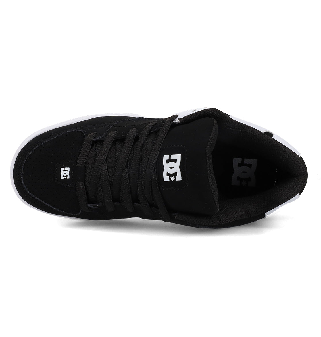 A pair of Women’s Command Shoes by DC Shoes in black, viewed from above, features black laces, a white DC logo on the tongue, and a partially visible white outsole—delivering old-school energy and signature cushioning with every step.