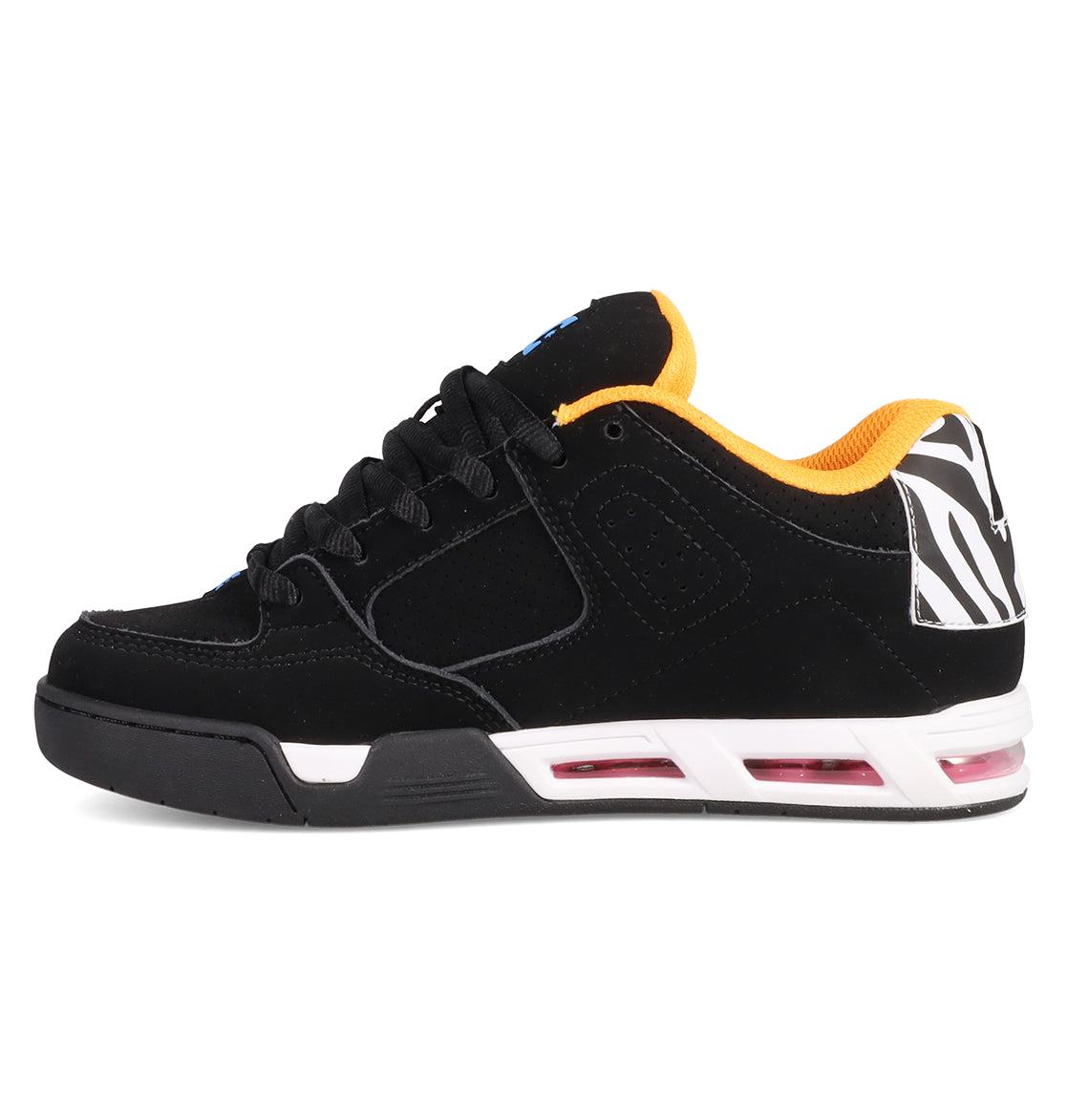 The Women's DC Command Shoes by DC Shoes are black low-top sneakers with a yellow inner lining, featuring a street-style design, pink-accented white midsole, zebra-print heel detail, black laces, and a flat sole inspired by classic skate heritage.