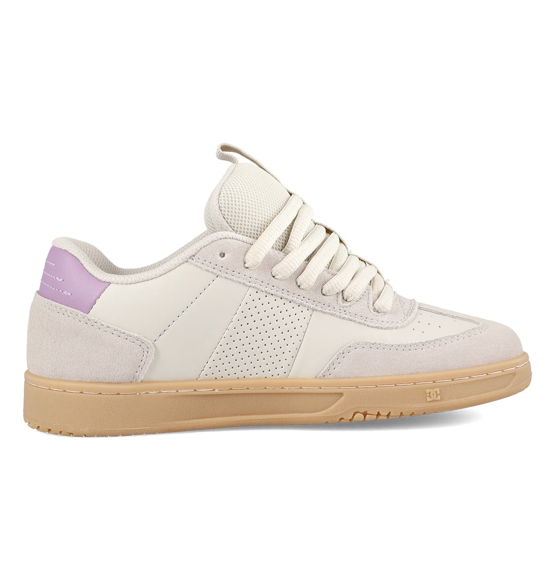 Introducing the Women’s Astrix Shoes by DC Shoes: a beige and off-white skate shoe featuring a light brown sole, perforated side panel for breathability, cream laces, suede accents, and a distinctive lavender detail on the heel. Designed for superior board control, this model is shown from the side on a white background.