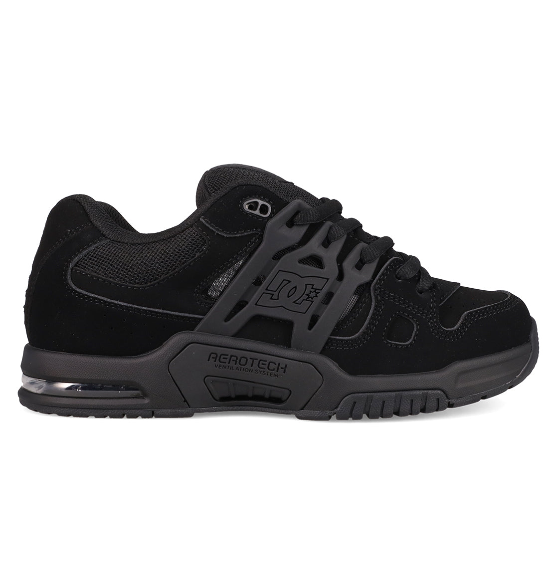 The Men's AT-2 Shoes by DC Shoes feature a black skate design with dark gray accents, mesh and suede uppers, a thick padded tongue, chunky sole, DC logo on the side, and AEROTECH branding to showcase its breathable AEROTECH ventilation system.