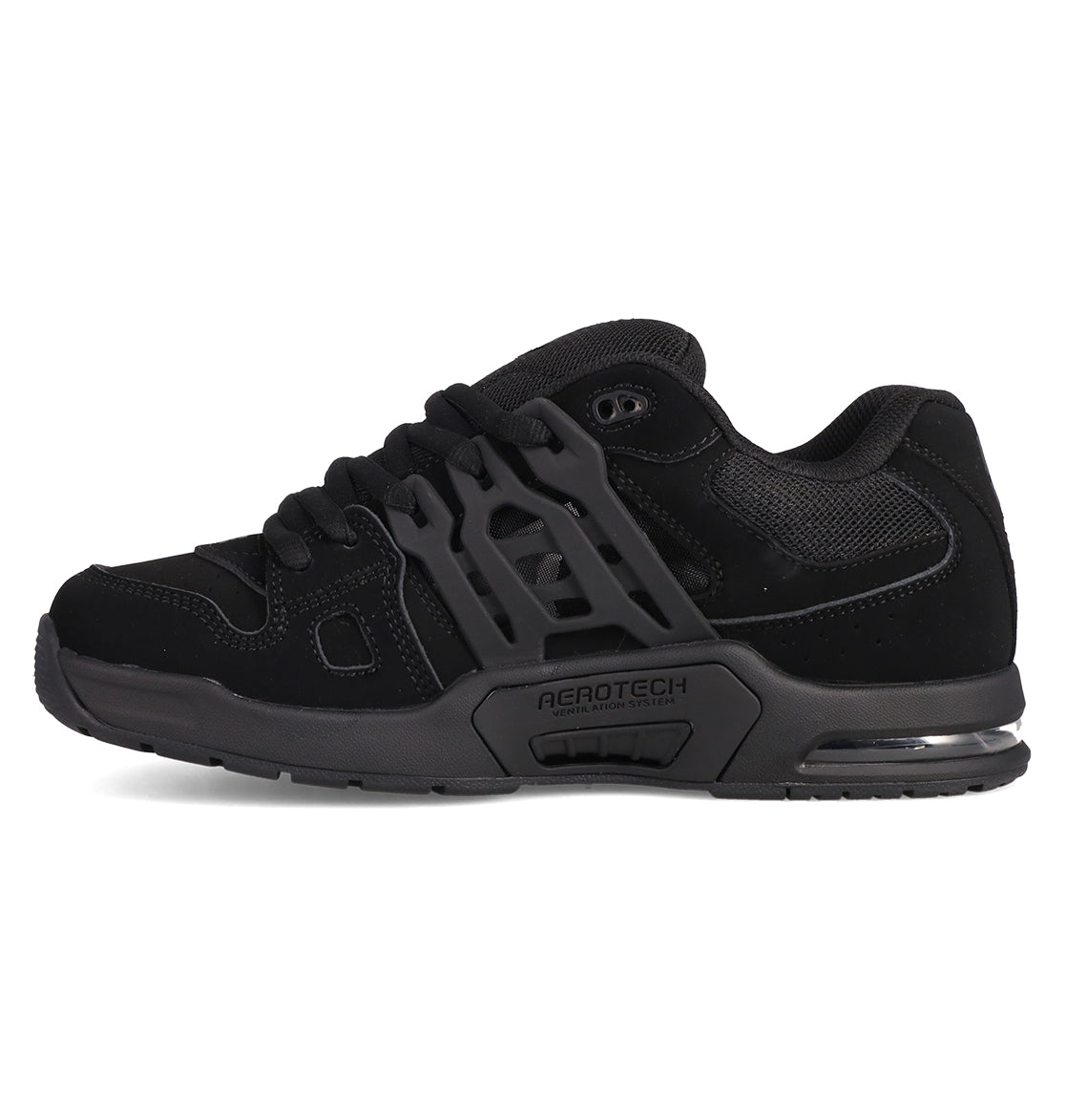 The DC Shoes Men's AT-2 features black mesh and suede-like materials, thick laces, a textured airband outsole, AEROTECH branding on the midsole, and an AEROTECH ventilation system for breathability.