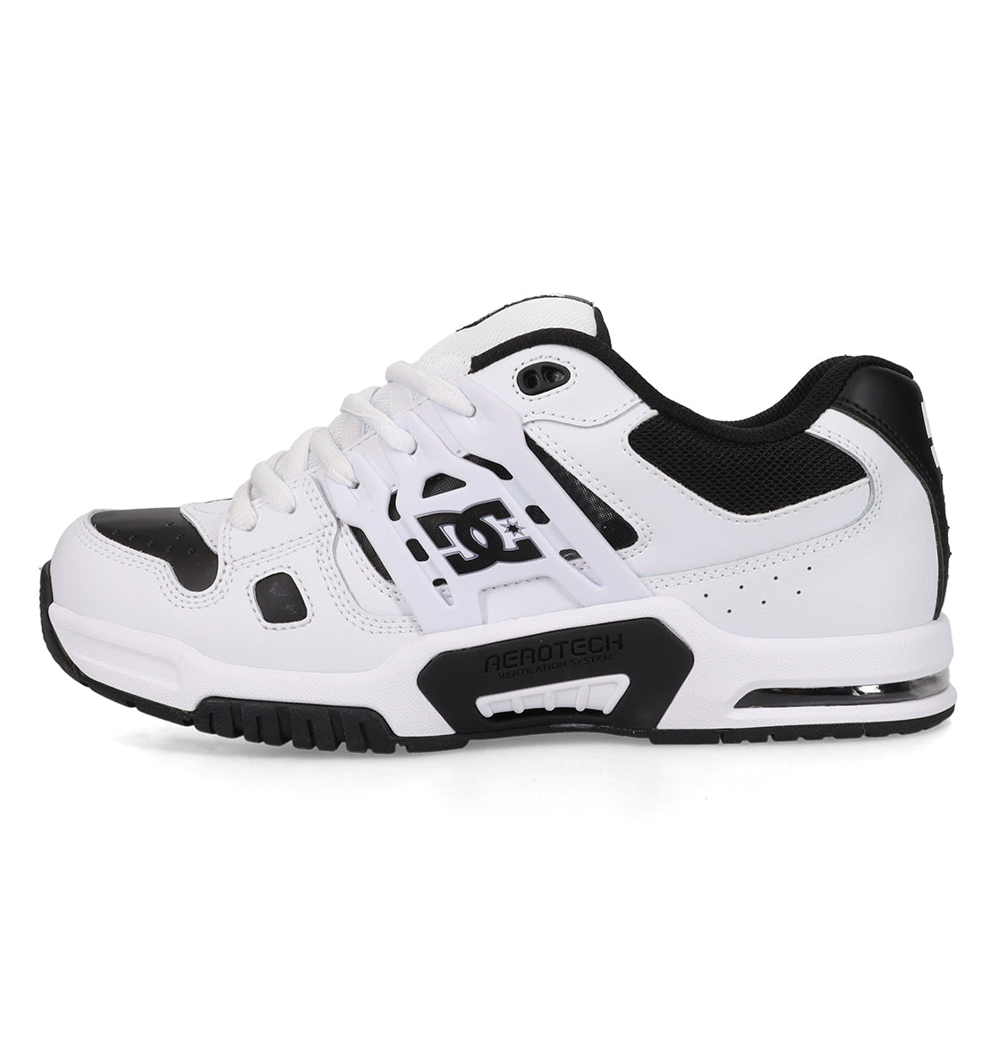 A side view of the DC Shoes Men’s AT-2 Shoes in white and black is shown, featuring mesh and leather panels, a thick airband outsole for enhanced traction, and the signature DC logo on the side.