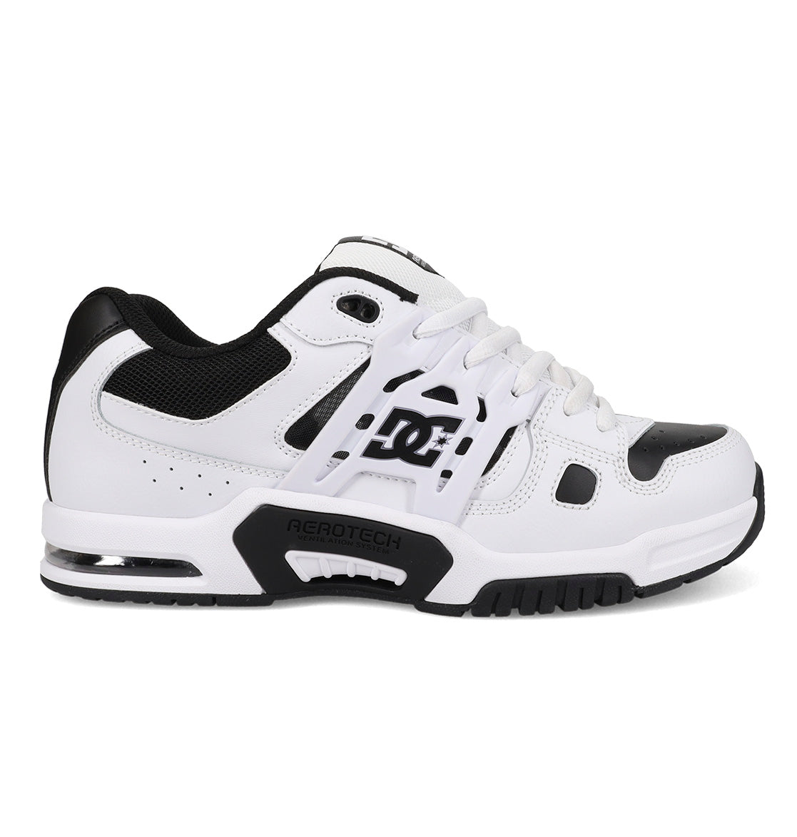 The Men's AT-2 Shoes by DC Shoes feature a white and black athletic design, mesh accents, thick airband outsole, DC logo on the side, white laces, and black detailing on the heel, toe, and sole for a modern look.