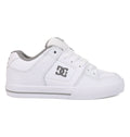 The Women’s Pure Shoes by DC Shoes feature a white design with gray detailing, including a gray stripe on the sole and a gray DC logo on the side. This low-top lace-up shoe comes with white laces and is crafted with a padded collar and tongue for added comfort. Engineered with lightweight cushioning for superior impact absorption, these shoes are ideal for both style and performance.