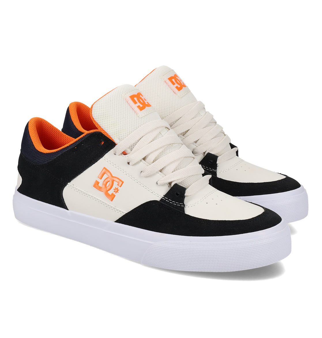 Introducing the Men’s Onyx Skate Shoes by DC Shoes—a sleek, minimal silhouette highlighted by cream and black uppers, crisp white soles, bold orange accents, breathable mesh tongues, and the iconic DC logo in vibrant orange on both the sides and tongue—making them your everyday go-to for style and comfort.