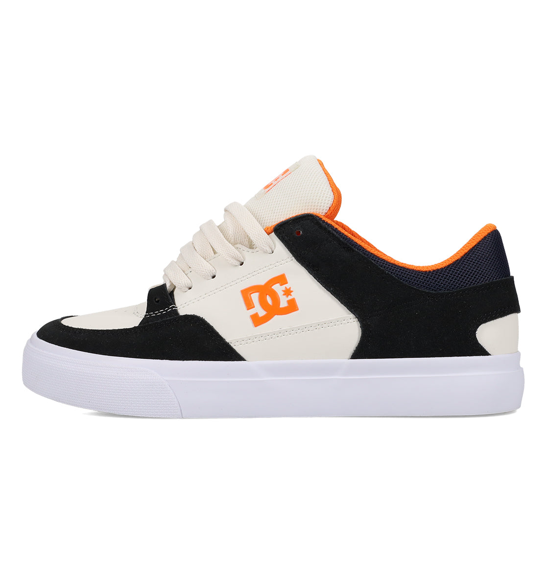 The Men’s Onyx Skate Shoes from DC Shoes feature a cream and black upper, bold orange logo and trim, white laces, and a crisp white sole—a minimal silhouette that’s perfect for effortless everyday style.