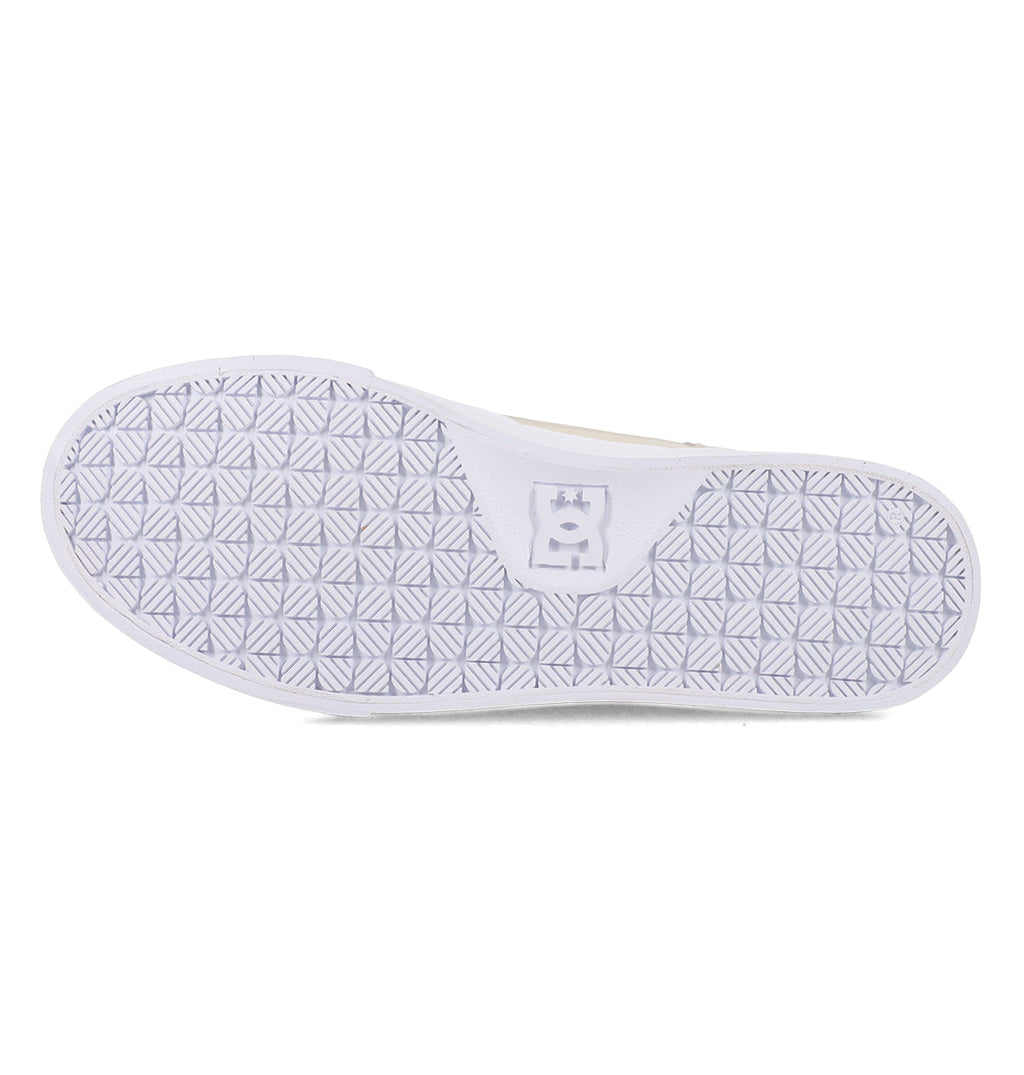 The image displays the white sole of the Men’s Onyx Skate Shoes by DC Shoes, featuring a geometric tread pattern and a central logo to emphasize its minimal silhouette—making it an ideal choice for your everyday footwear.
