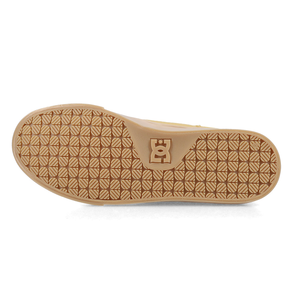 Featuring a tan sole with a geometric tread pattern, the Men’s Onyx Skate Shoes from DC Shoes showcase a central logo with a star and the letters “DC.” Inspired by the minimal silhouette of the DC Onyx Vulc, the sole incorporates a textured grid and triangular design to enhance grip.