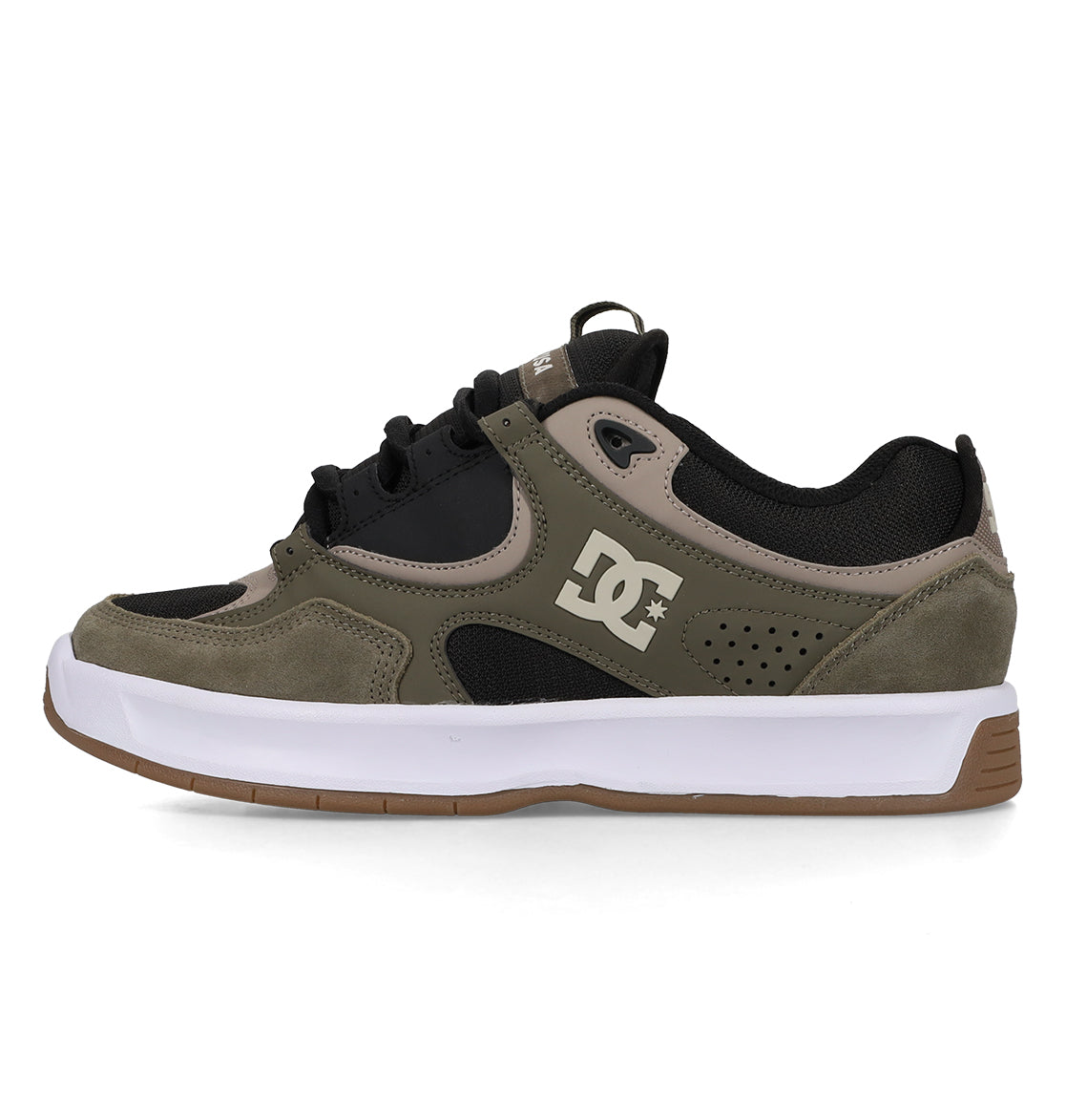 The men’s Kalynx Zero shoes by DC Shoes are shown from the side against a white background, featuring olive green and black suede and mesh panels, a white DC logo, black laces, a white midsole, and a brown rubber outsole.