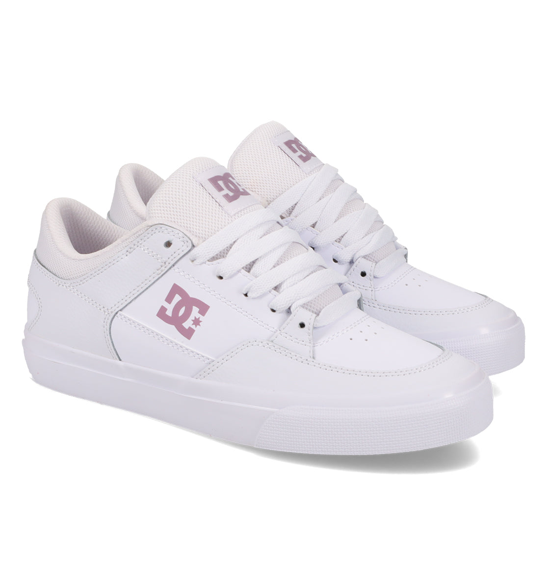 A pair of DC Shoes Women’s Onyx Shoes in white, featuring a minimal silhouette with light purple logos and accents, displayed at an angle on a white background—an everyday go-to vulc shoe that offers both style and comfort.