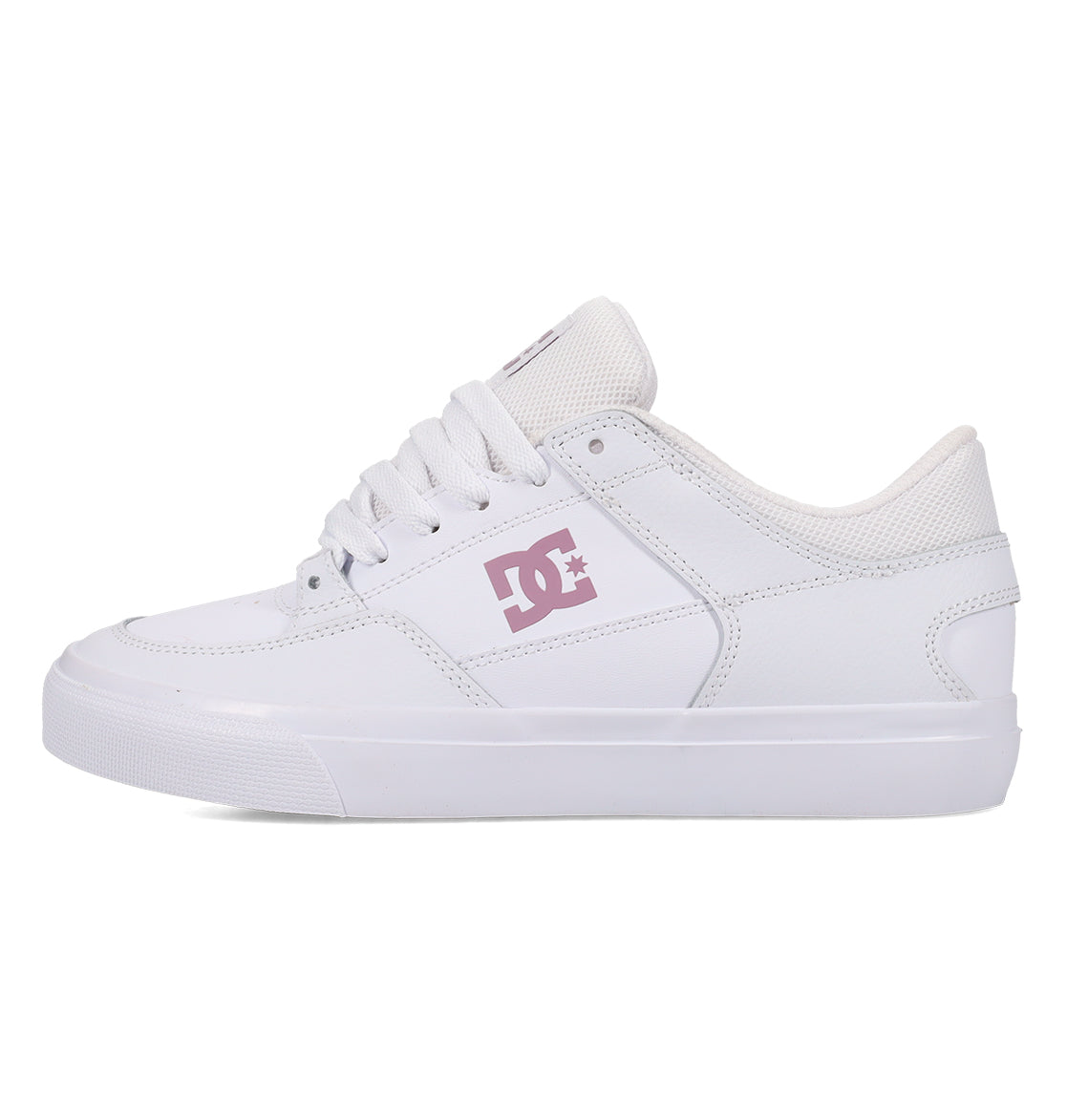The Women’s Onyx Shoes by DC Shoes showcase a clean white vulcanized design with a subtle light pink DC logo on the side, matching white laces and sole, and a minimalist silhouette—captured in left side profile against a white background—making them an ideal everyday go-to.