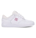 The DC Shoes Women’s Onyx Shoes are white skate shoes with a clean, minimal silhouette, highlighted by a pink DC logo on the side, white laces, and a matching white sole. Pictured in side profile against a plain background, these vulc shoes blend classic style with versatile comfort—ideal for everyday wear.