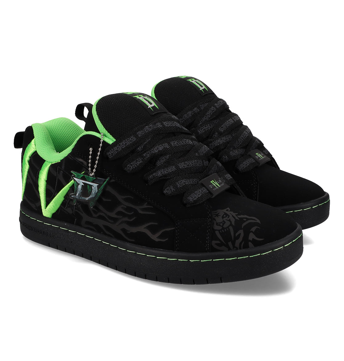 The Men’s Court Graffik x Diablo by DC Shoes features black uppers with green accents, thick black-and-gray laces, a green lion logo, neon green lining, and subtle flame graphics on the sides.