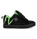 The Men’s Court Graffik x Diablo by DC Shoes is a black sneaker with neon green accents, flame patterns, thick black laces, and a silver drink cup keychain. It features a low profile and flat sole.