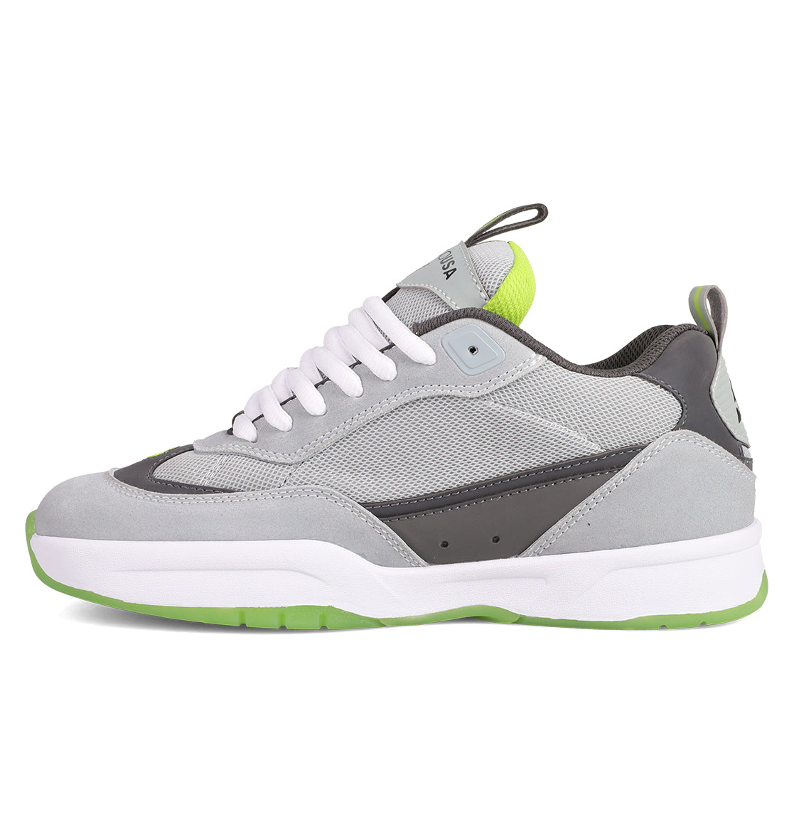 The Men's JS 2 Shoes by DC Shoes blend gray and white suede and mesh with green accents on the heel, tongue, and sole. Featuring white laces, they're inspired by DC heritage and designed with John Shanahan for the JS 2 collection.