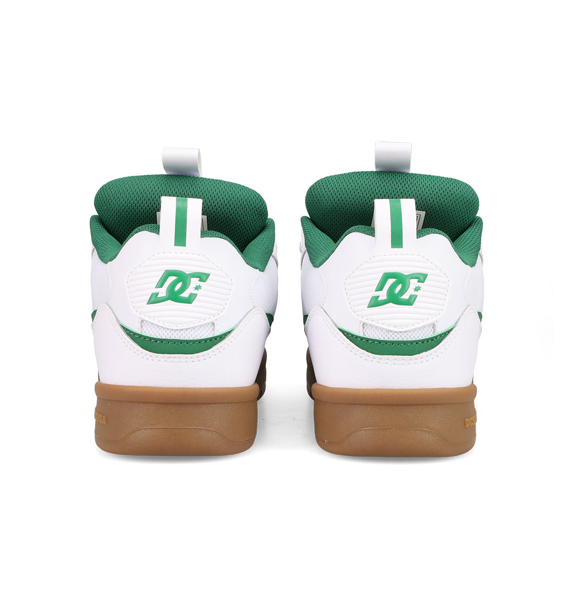 The Men's JS-2 Shanahan Pro Skate Shoes by DC Shoes are white and green sneakers seen from the back, featuring green DC logos on the heels and gum rubber soles, inspired by classic DC heritage styles.