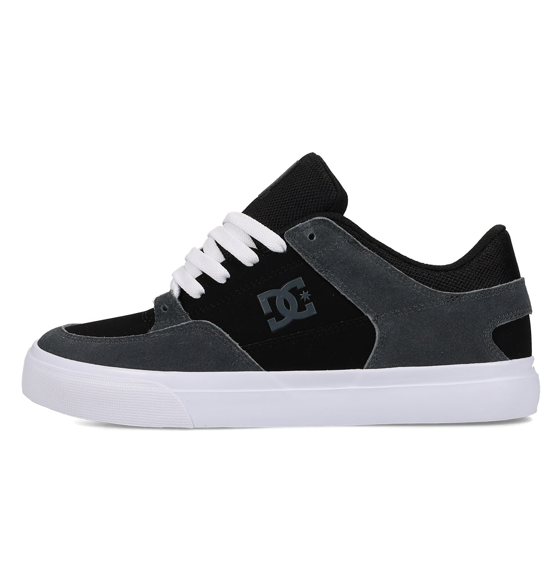 A men’s Onyx skate shoe by DC Shoes in black and gray, featuring white laces, a white sole, the signature DC logo on the side, and a low-top silhouette crafted from suede and mesh for a minimalist look.
