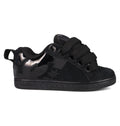 The Women's Court Graffik Puff Shoes by DC Shoes are black low-top sneakers with thick laces, a suede upper, patent leather accents, a side star logo, and a puffy silhouette—perfect for making a bold statement.