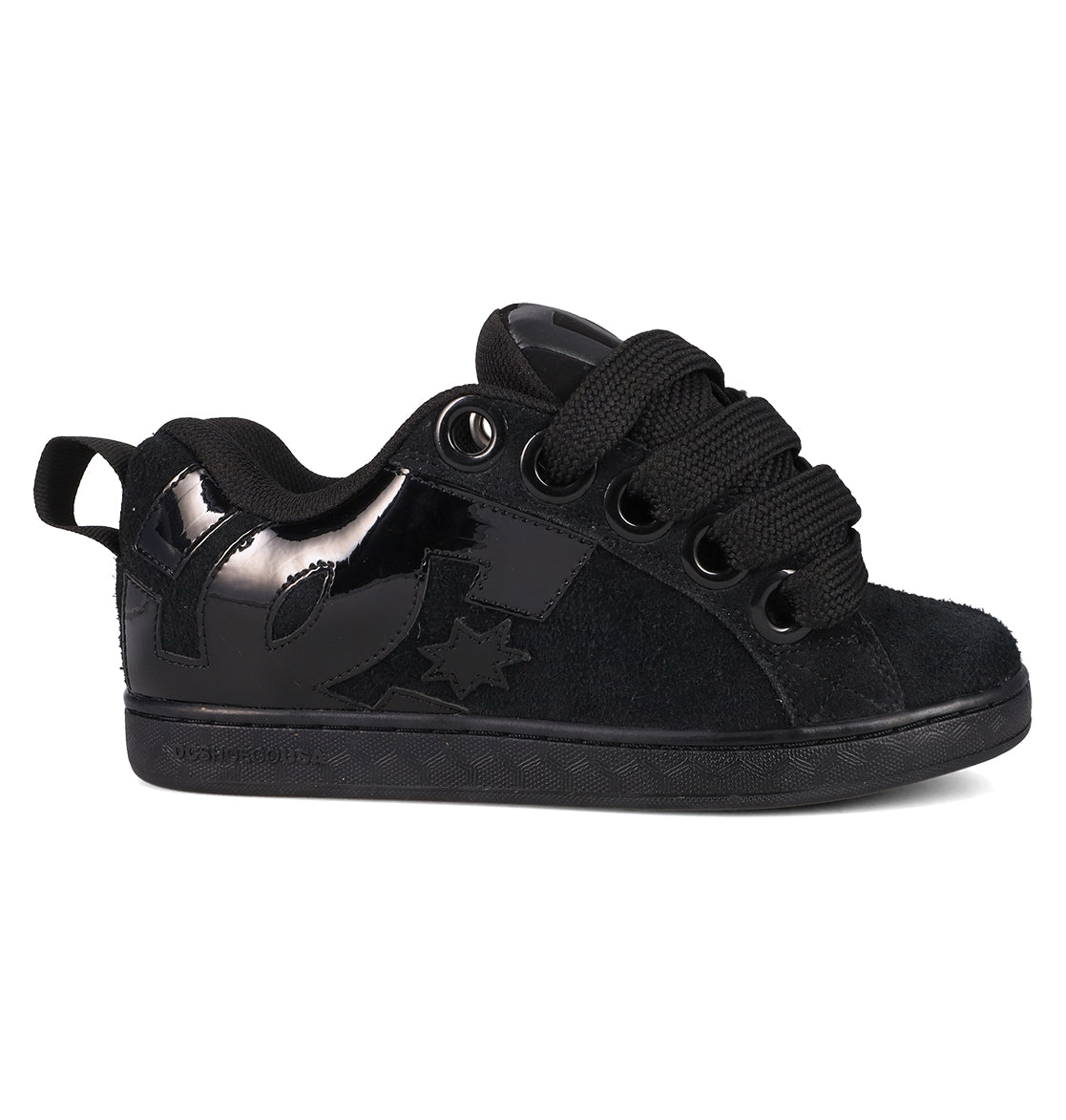 The Women's Court Graffik Puff Shoes by DC Shoes are black low-top sneakers with thick laces, a suede upper, patent leather accents, a side star logo, and a puffy silhouette—perfect for making a bold statement.