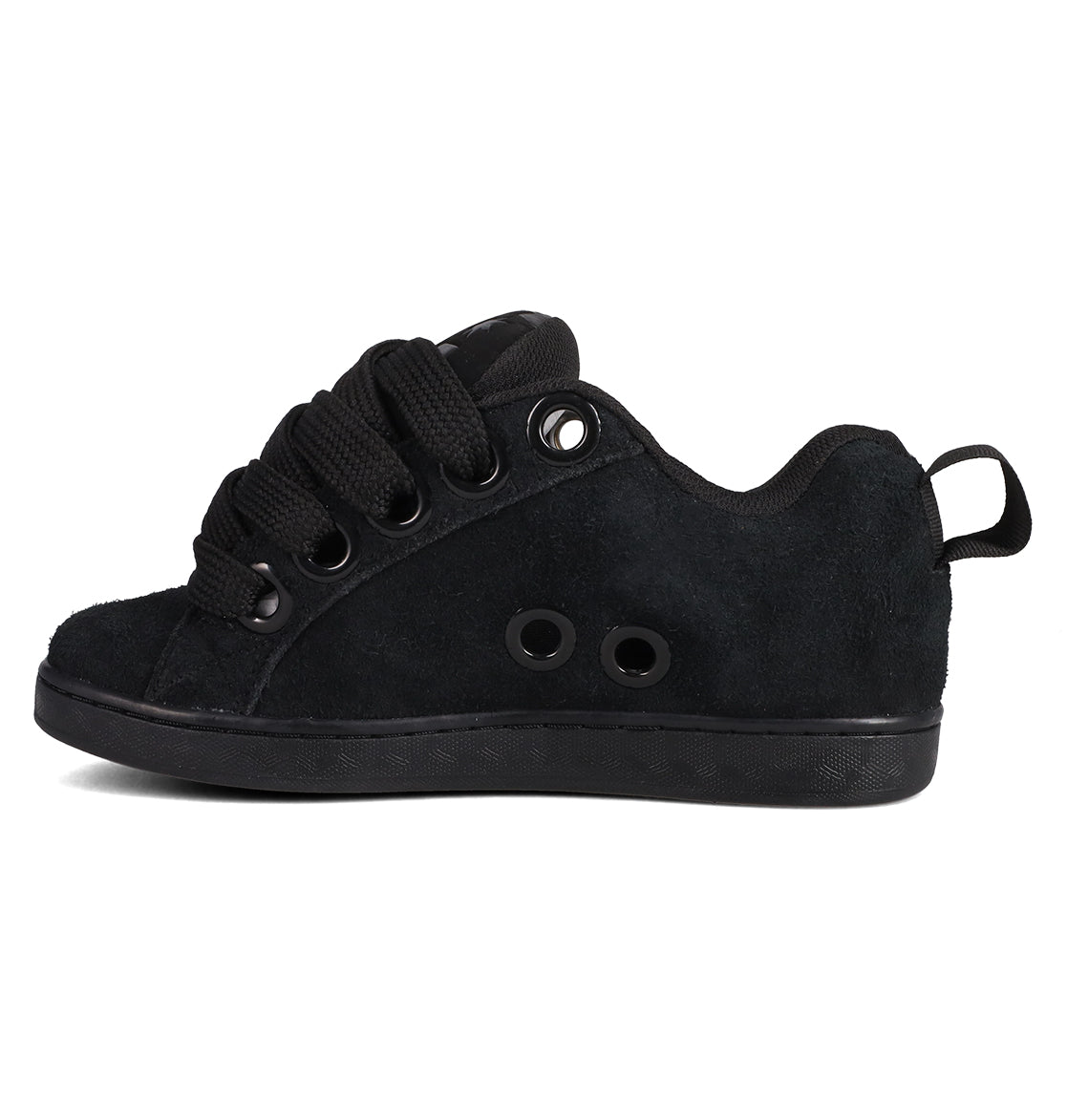 The DC Shoes Women's Court Graffik Puff features a black suede skate shoe with a puffy silhouette, thick black laces, black eyelets, a black rubber sole, and heel pull tab—shown in left side profile.