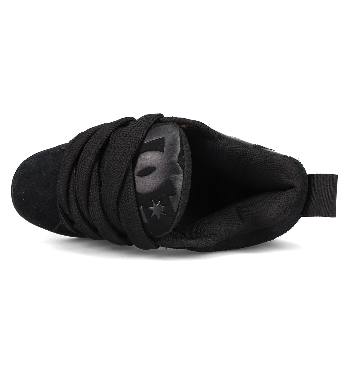 Top view of the DC Shoes Women's Court Graffik Puff, a black sneaker with thick laces, padded tongue showing part of the gray DC logo, puffy silhouette, and a heel pull tab for easy wear.