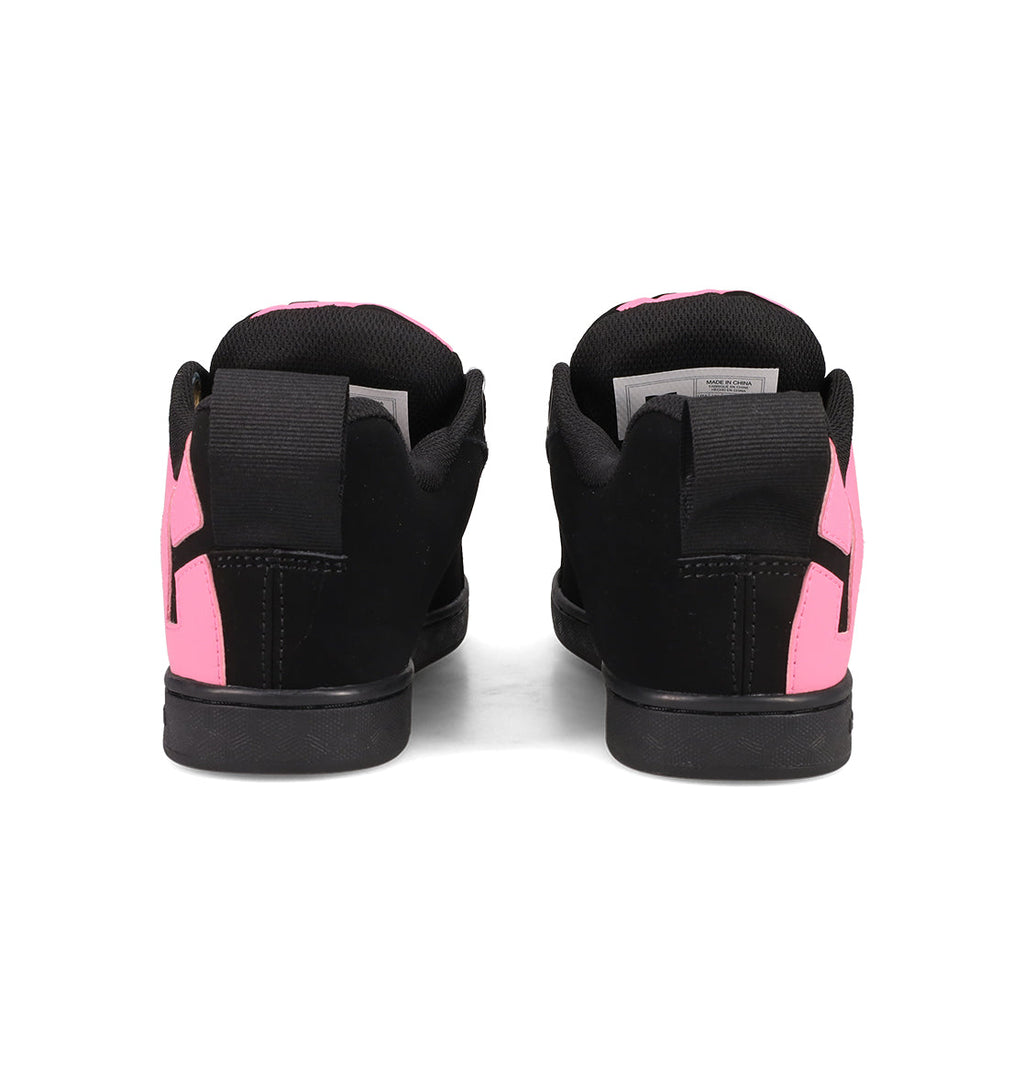 The DC Shoes Women's Court Graffik Puff Shoes feature black suede with pink accents, black soles, interior tongue tags, and a subtly puffy silhouette—perfect statement sneakers viewed from the back.