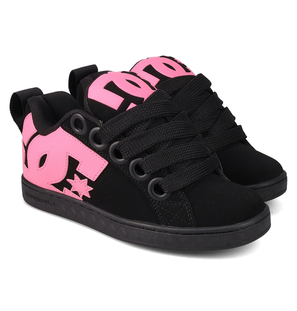 The Women's Court Graffik Puff Shoes by DC Shoes feature thick black laces, a bold pink DC logo with star on the side and heel, and a puffy silhouette—perfect statement sneakers for standout style.