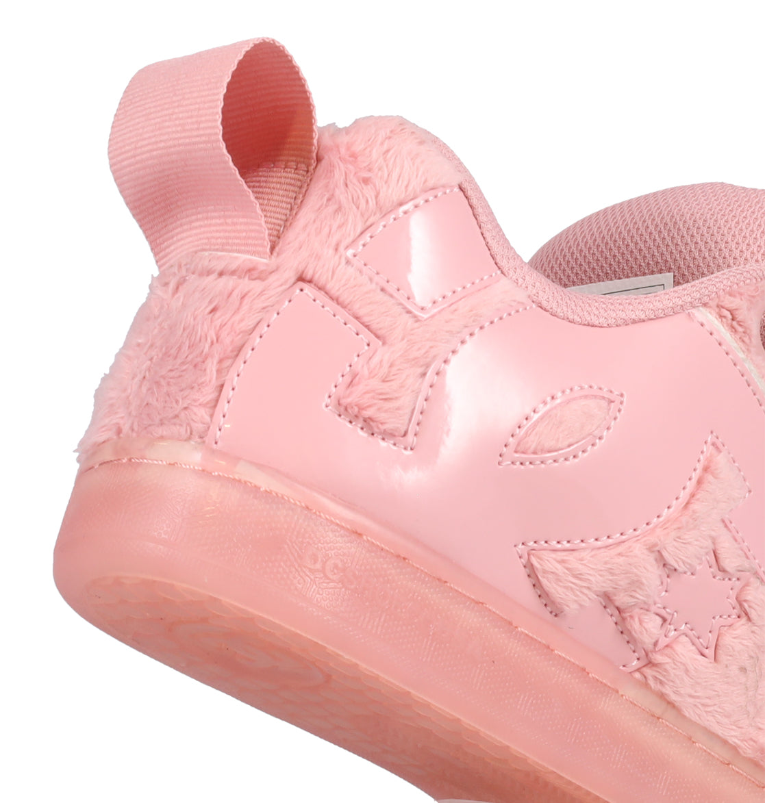 Close-up of the back and side of the Women’s Court Graffik Puff Shoes by DC Shoes in pink, showcasing a puffy silhouette, oversized shiny logo detail, star-shaped cutout, pull tab, and a translucent pink sole.