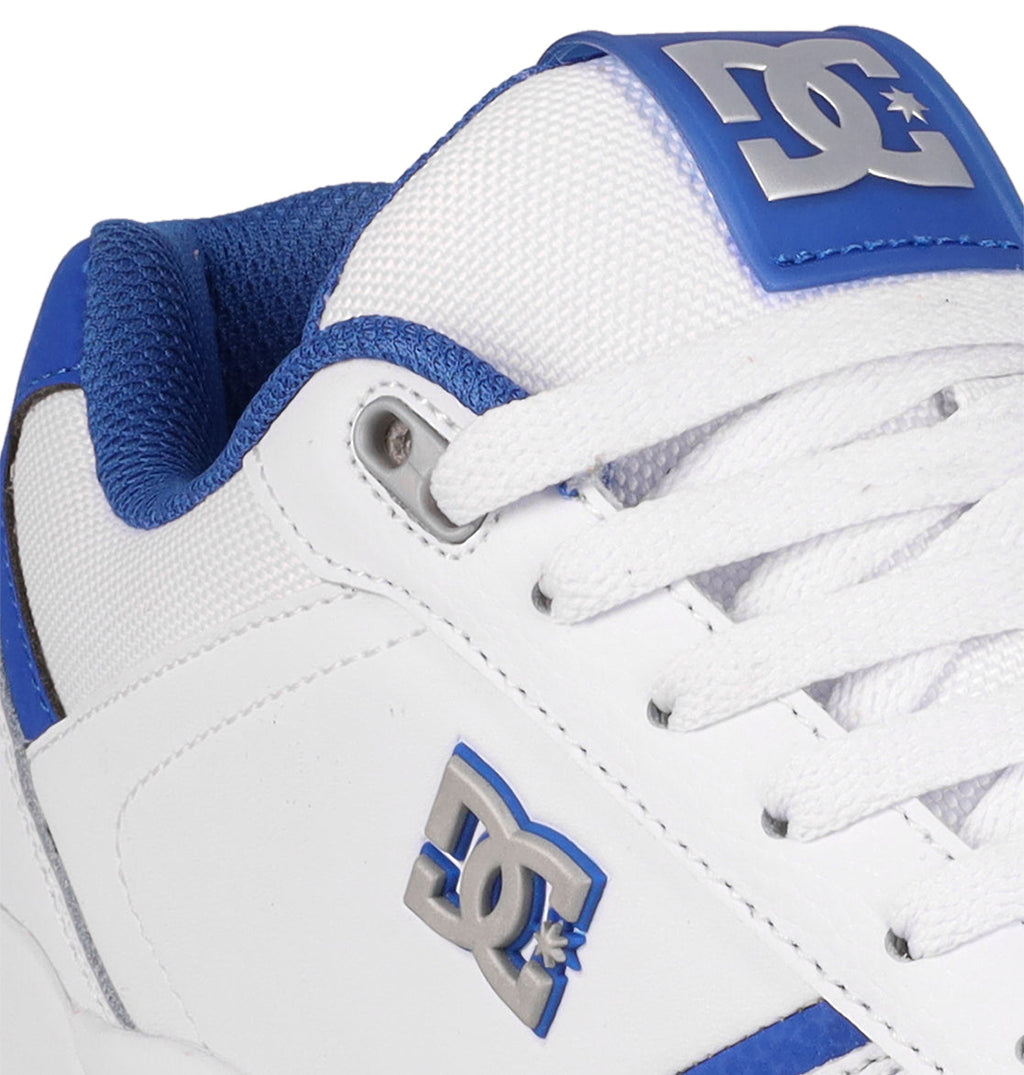 Close-up of DC Shoes Men's Fractal S, featuring a white and blue colorway, DC branding on the side and tongue, white laces, blue trim accents, and a bold street-ready design.