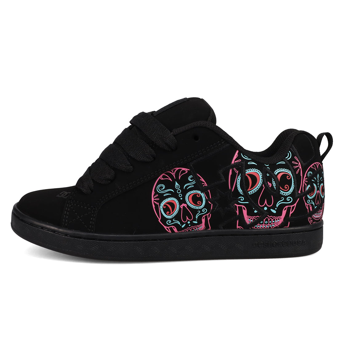 The Women’s Court Graffik Day Of The Dead by DC Shoes is a black sneaker featuring thick laces and vibrant sugar skull designs in pink, teal, and white on the side, inspired by Día de los Muertos and part of the bold DC Shoes Day of the Dead Collection.