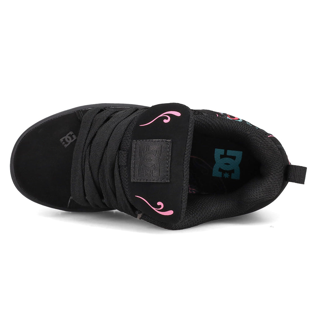 Top view of the Kids’ Court Graffik Day Of The Dead sneaker by DC Shoes, featuring wide black laces, pink decorative swirls, and a teal DC logo inside.