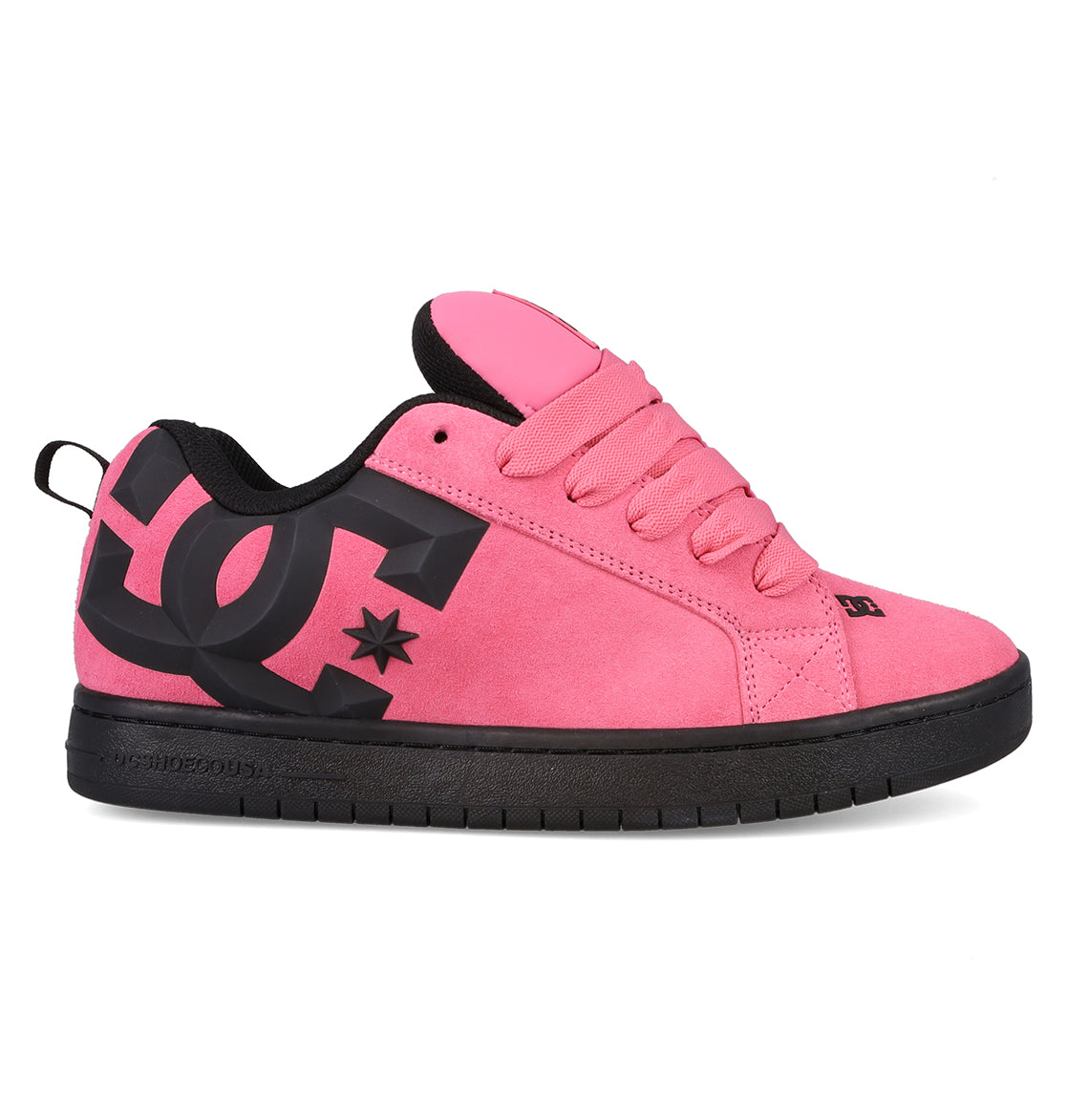 The DC Shoes Men’s Court Graffik Beveled Special Edition Shoes are shown in a side profile on a white background, featuring a pink puffy silhouette with a large black DC logo on the side, black sole, pink laces, and black interior lining.
