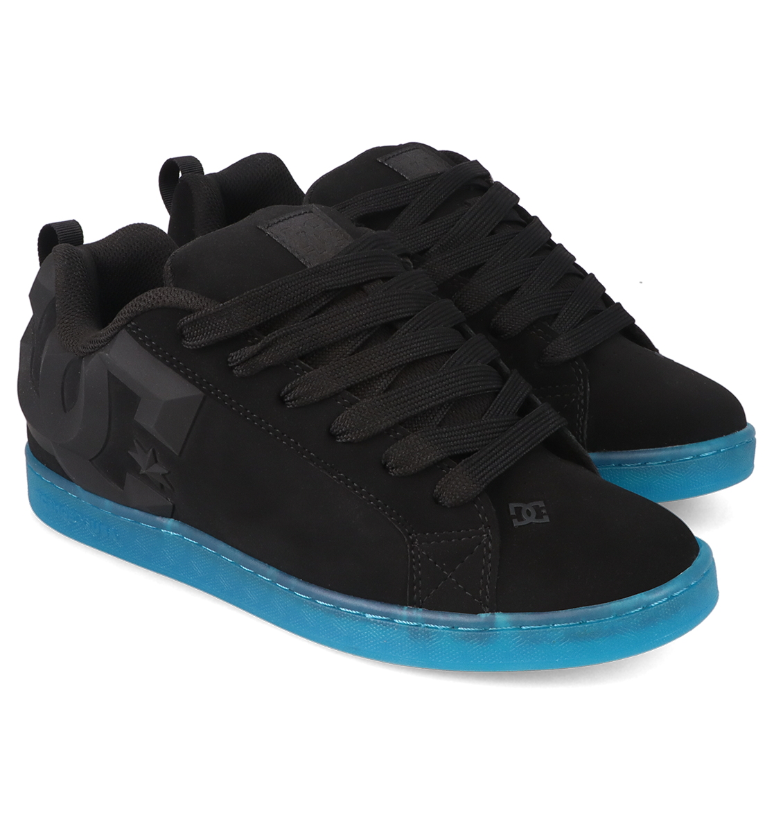 A pair of Women’s Court Graffik Beveled Shoes by DC Shoes, featuring a puffy silhouette with thick black laces, a large dark gray DC logo on the side, and translucent bright blue soles.