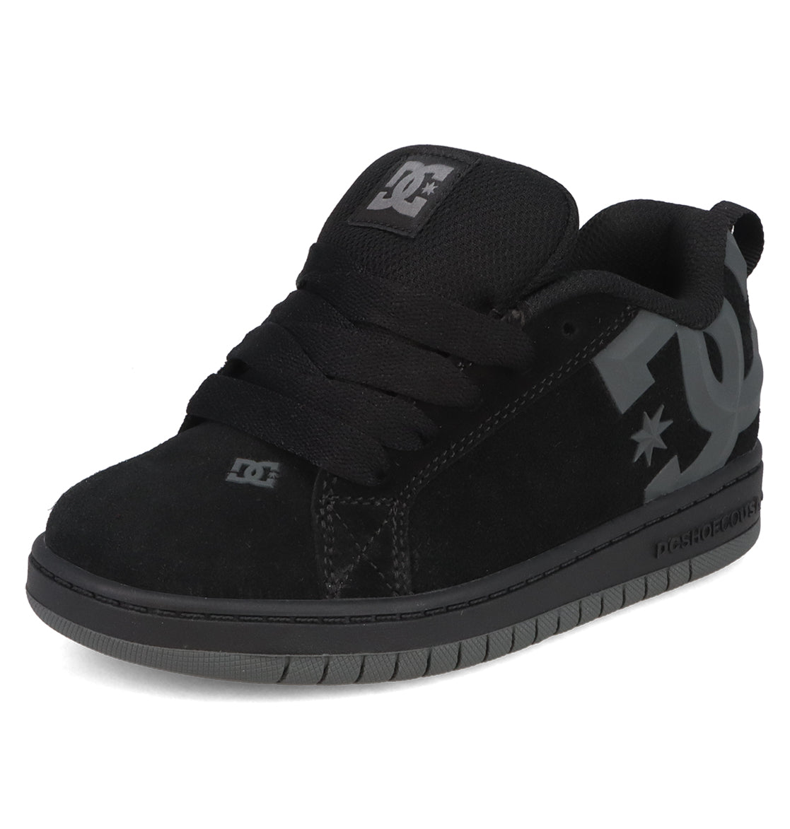 The Kids’ Court Graffik Beveled Special Edition Shoes by DC Shoes feature a black suede upper with a puffy silhouette, thick sole, black laces, and a beveled gray DC logo on the side. The shoes are photographed against a white background.