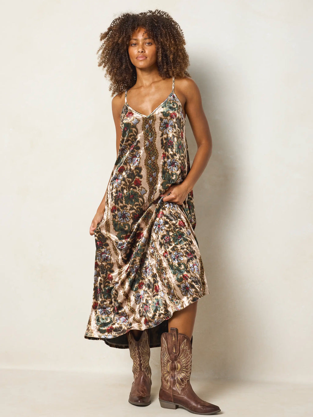 Gracie Velvet Slip Maxi Dress - Brocade Tapestry Cream