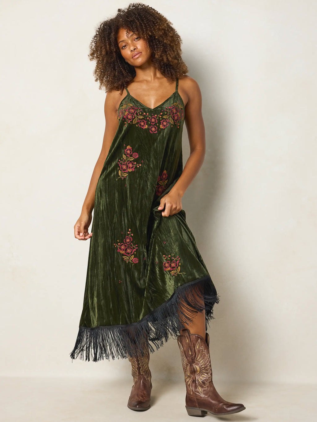 Gracie Embroidered Velvet Slip Maxi Dress - Olive Stitched Garden